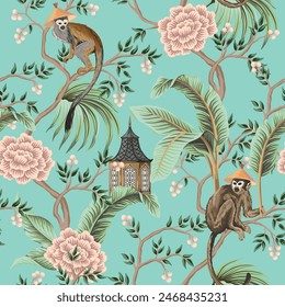 Chinese pagoda, rose tree, monkey, tropical palms leaves, plants, birds seamless pattern. Chinoiserie vintage wallpaper.