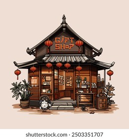 Chinese pagoda, souvenir shop, Japanese lanterns. Vector illustration