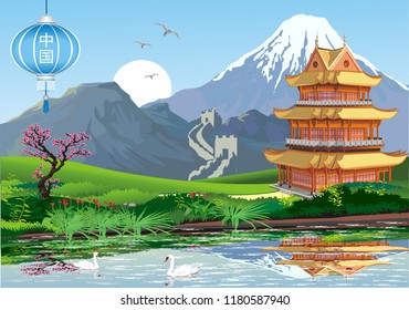 Chinese pagoda in the traditional Oriental style on the lake.