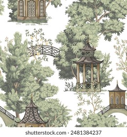 Chinesische Pagode, Baum, Obstbaumlandschaft nahtloses Muster. In: Chinoiserie Bildschirmhintergrund.