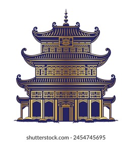 Chinese Pagoda vector element with blue and golden color design