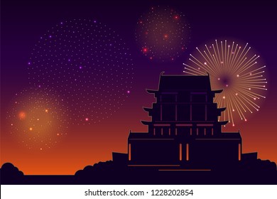 Chinese pagoda Vector illustration in comics style Landscape with traditional pagoda and bright shots of fireworks in the sky Design template with copy space