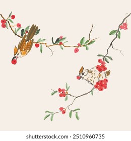Chinese Painting Bul Bul Bird Eating Red Berry on The Branch