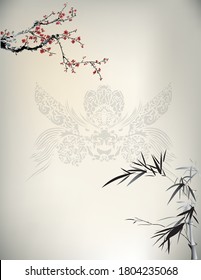 Chinese painting of cherry blossom and bamboo