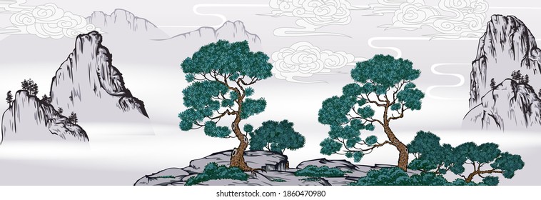 Chinese painting classic landscape with mountains