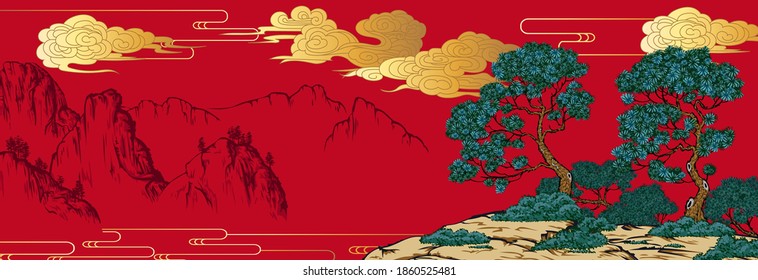 Chinese painting classic landscape with mountains