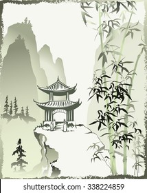 Chinese Painting. Mountain Landscape In The Chinese Style. Vector.