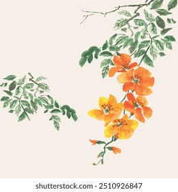 Chinese Painting Orange Trumpet Creeper Flower