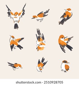 Chinese Painting of Sparrows in Various Poses