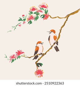 Percha de pájaro de garganta blanca de pintura china en árbol de flores rojas