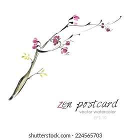 Chinese painting - zen-like natural hand-made vector watercolor sakura illustration