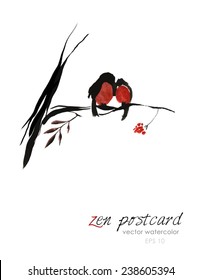 Chinese painting - zen-like natural hand-made vector watercolor illustration. Two red winter birds sitting on a rowan tree branch