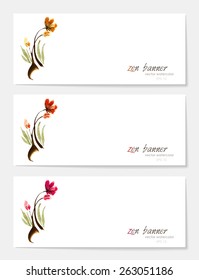 Chinese painting - zen-like natural hand-made vector watercolor flower illustration. Set of banners for website or identity.
