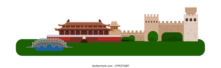 Chinese Palace And Great Wall. Flat On White Background