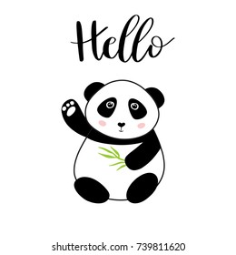 Chinese panda bear with bamboo leaf in hands and text Hello. Cute vector animal illustration for cards, web, prints, tshirts, tote bags design..