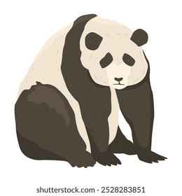 Panda chino. Divertido oso blanco y negro comiendo bambú. Oso de peluche sentado. Animal salvaje en el parque natural. Ilustración vectorial en estilo plano.