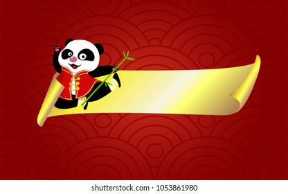 Chinese Panda is kicking in Kung Fu action on Gold Banner and Red Oriental Pattern Background.