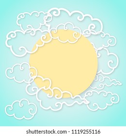Chinese paper cut style clouds and sun or moon in blue sky. Blank card template. Vector.