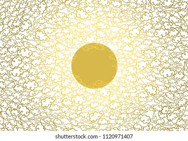 Chinese paper cut style colorful clouds and sun or moon in blue sky.