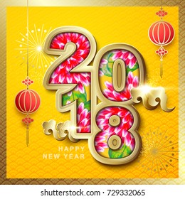 Chinese paper cut style Happy New Year  2018 creative flat design. Vector illustration. firecracker, Flowers and Clouds. China Lantern.