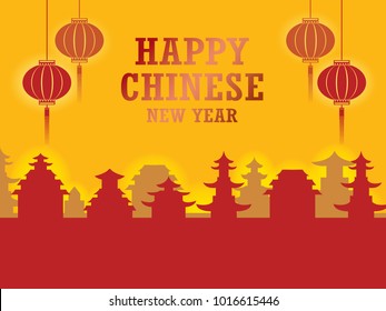 Chinese paper cut style Chinese New Year background, creative flat design greeting card template. firecracker, Flowers and Clouds, Temple pagoda house. China Lantern.