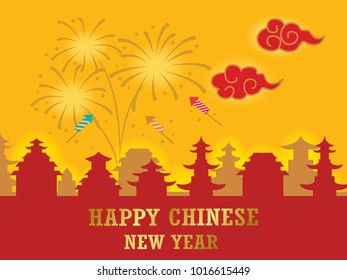 Chinese paper cut style Chinese New Year background, creative flat design greeting card template. firecracker, Flowers and Clouds, Temple pagoda house. China Lantern.