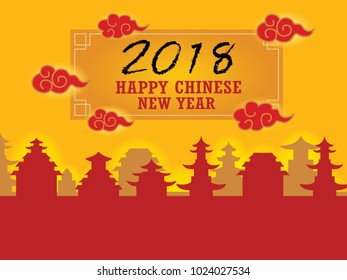 Chinese paper cut style Chinese New Year background, creative flat design greeting card template. firecracker, Flowers and Clouds, Temple pagoda house. China Lantern.