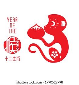 Chinese paper cut zodiac  with Chinese character "monkey". Vector illustration