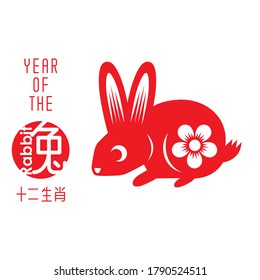 Chinese paper cut zodiac with Chinese character "rabbit". Vector illustration