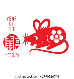 Chinese paper cut zodiac with Chinese character "rat". Vector illustration
