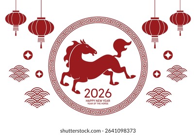 Chinese paper cutting style card for 2026 with circle frame. Chinese new year of the horse, or lunar new year 2026 greeting card with red zodiac horse and hanging lanterns decorations.