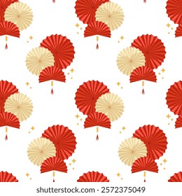 Chinese paper fans on white background seamless pattern. Happy Chinese New Year and Lanterns Festival. Vector hand drawn endless ornament for print, wrapping, textile