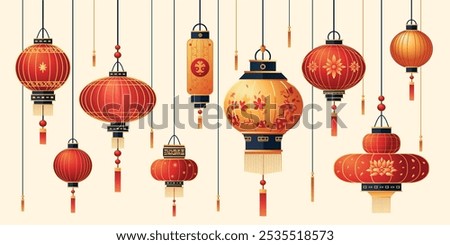Chinese paper lantern set, group of Asian Lantern Festival and New Year decorations with ornaments. Vector illustration, sticker pack.