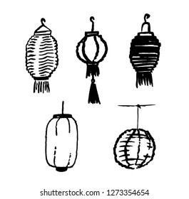 Chinese paper lantern set. Print. Ink brush drawing. Hand drawn vector illustration.