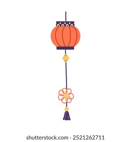 Chinese paper lantern. Traditional red lamp, oriental light decoration, good fortune symbol. Hanging festive Asian ornament for Lunar New Year. Flat vector illustration isolated on white background
