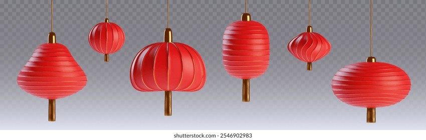 Linternas de papel chino 3d con detalles de color rojo y oro sobre fondo transparente. Diferentes Formas de Elementos decorativos tradicionales para la celebración del Año Nuevo chino, festival asiático y evento.