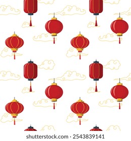 Chinese paper lanterns and cloud seamless pattern. Lunar New Year background design, spring festival holiday symbols. Isolated on white background