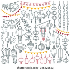 Chinese paper lanterns collection.  Different shapes and types. Decorative elements for traditional asian holidays. Freehand vector drawing isolated on white background.