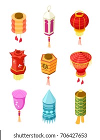 Chinese paper lanterns collection. Vector illustration with isometric lanterns icons isolated on white background.