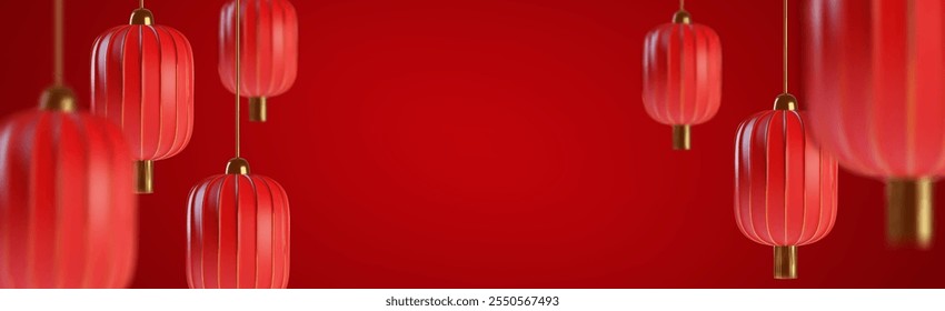 Lanternas de papel chinês sobre fundo vermelho. Ilustração realista de vetor de decorações asiáticas tradicionais com borlas douradas, banner ou cartão de feriado oriental de Ano Novo, arte festiva, símbolo de sorte