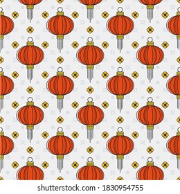 Chinese paper lanterns seamless pattern. Oriental decorations. Asia and Japan culture. Asia culture symbols, graphic modern illustration. New year greeting card decoration. Flat vector illustration
