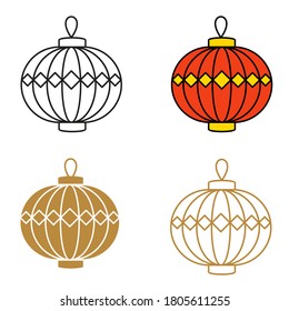 Chinese paper lanterns set. For New year greeting card decoration. Flat vector outline icons.
