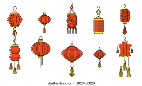 Chinese paper lanterns set. Oriental, Asia and Japan culture. Asia culture symbols, graphic modern illustration. For New year greeting card decoration. Flat vector illustration.