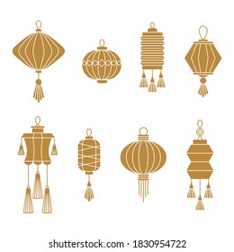 Chinese paper lanterns set. Oriental, Asia and Japan culture. Asia culture symbols, graphic modern illustration. For New year greeting card decoration. Flat vector illustration.