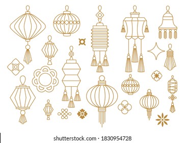 Chinese paper lanterns set. Outline icons. Oriental decorations. Asia and Japan culture. Asia culture symbols, graphic modern illustration. For New year greeting card. Flat vector illustration.