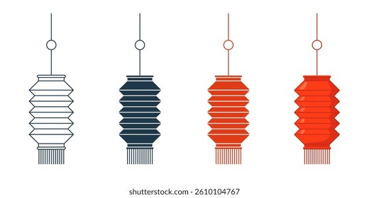 Chinese paper lanterns set. Red hanging lamps with tassels in traditional outline and flat style. Festive Asian symbols for Lunar New Year, celebration, decoration or cultural greeting vector design.