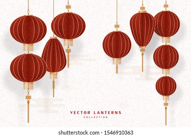 Chinese paper red lanterns hanging set isolated on old grunge background. Vector illustration.