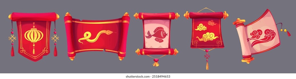 Rolo vermelho de papel chinês com titulares dourados e borla, ornamentado asiático tradicional e imagens - nuvem e onda, cobra e peixe. Cartoon vetor conjunto de carta oriental antiga ou papiro livro.