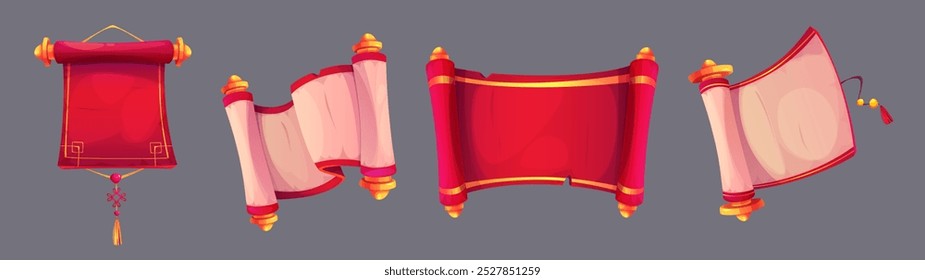 Chinese paper scroll banner. Red China roll frame. Royal asian game letter label. Festive japanese parchment card isolated illustration set. Traditional antique board element with empty space