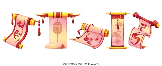 Chinese paper scroll collection with decorative elements - traditional banners with clouds and lantern, fish and snake symbols in red and gold frames. Cartoon oriental manuscripts with tassels.